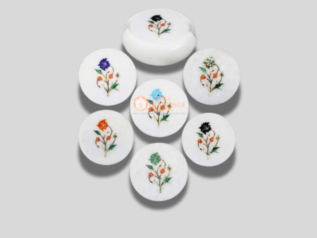 White Round Marble Coaster Set Multi Floral Inlaid Art